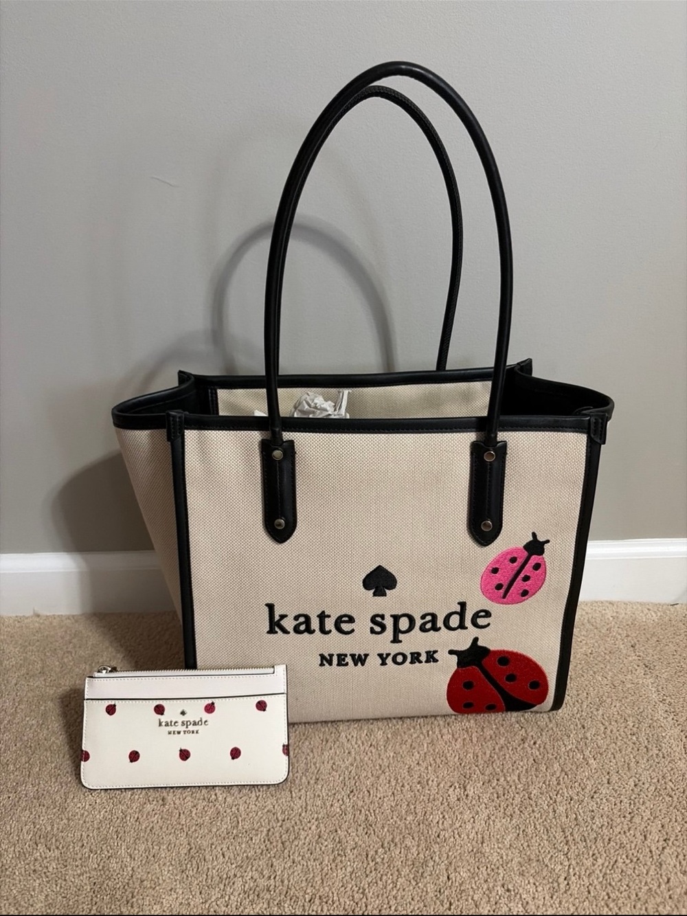 kate spade Canvas Tote and Wallet with Black Trim and Red & Pink Ladybug Accents